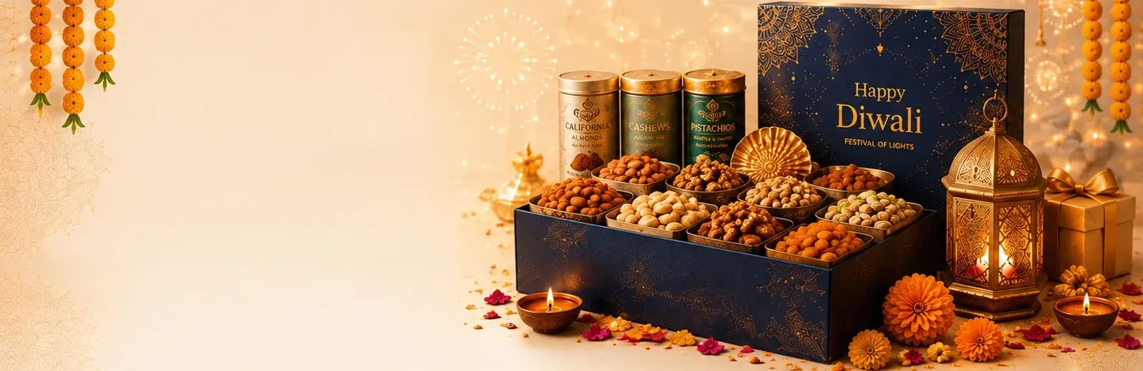 Diwali dry fruit gift hamper with lanterns, diyas and marigolds